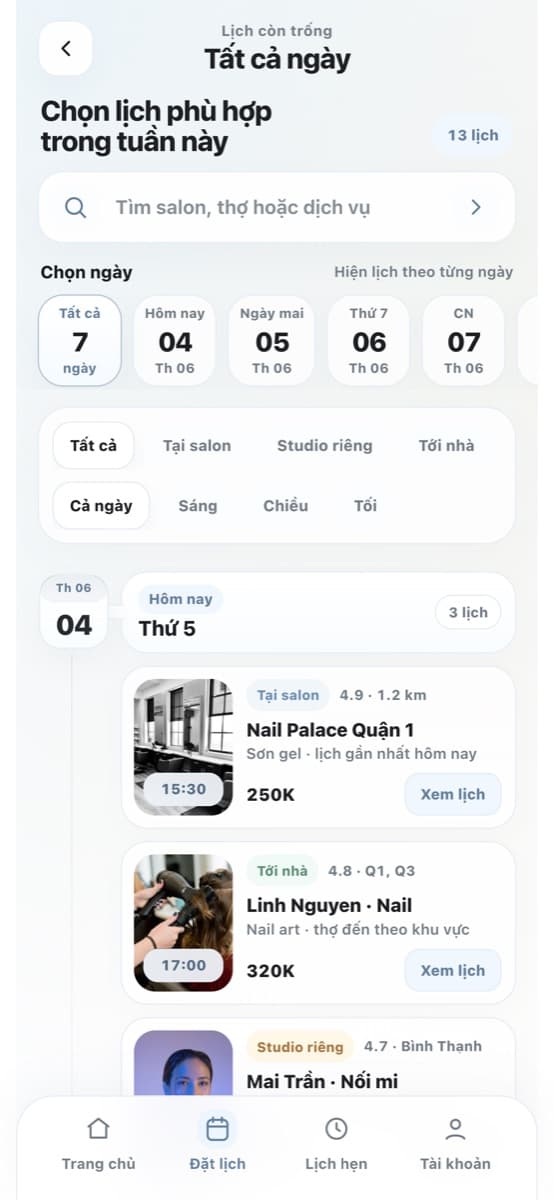 GlossLink Beautiful: Chọn lịch còn trống