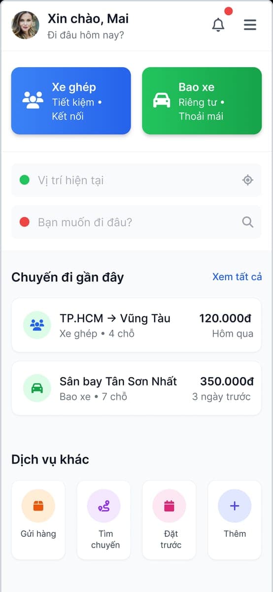 Ridelink Go: giao diện thật của ứng dụng