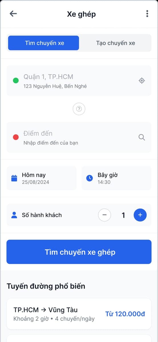 Màn hình tìm chuyến xe ghép trong Ridelink Go.