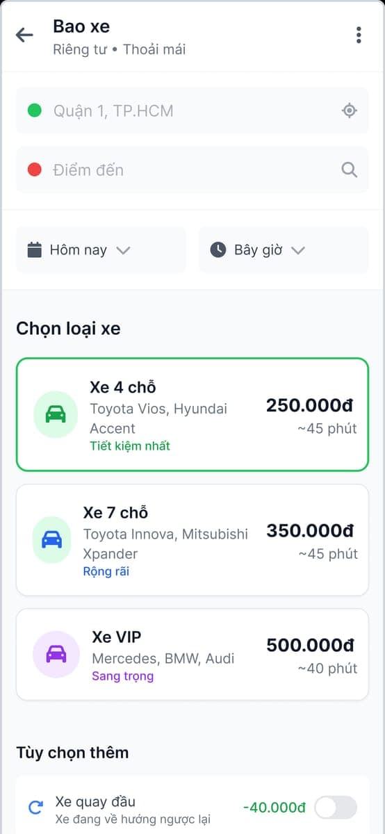Màn hình đặt xe của Ridelink Go, hiển thị giá và thời gian đón trước khi đặt.
