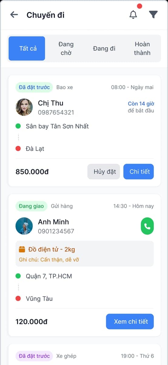 Danh sách chuyến đi trong Ridelink Go, gồm chuyến đặt trước và đơn gửi hàng.
