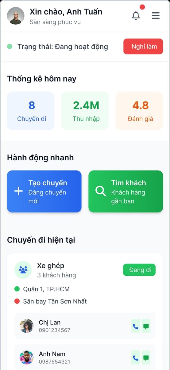 Ứng dụng tài xế của Ridelink Go, hiển thị trạng thái hoạt động, thống kê trong ngày và chuyến đang chạy.
