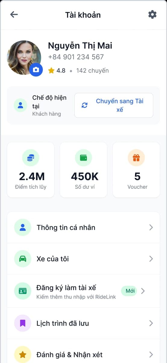 Ridelink Go: Tài khoản, điểm tích lũy và ví
